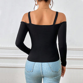 Women's Spring And Summer Fashion Simple Suspender Off-Shoulder Metal Hook Long-Sleeved Sexy Top My Store