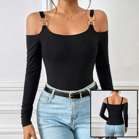 Women's Spring And Summer Fashion Simple Suspender Off-Shoulder Metal Hook Long-Sleeved Sexy Top My Store