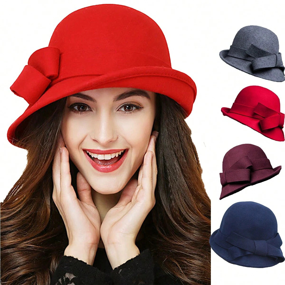 Women's French-style Elegant Retro Woolen Bowler Hat Curling Bow My Store