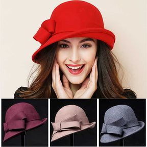 Women's French-style Elegant Retro Woolen Bowler Hat Curling Bow My Store