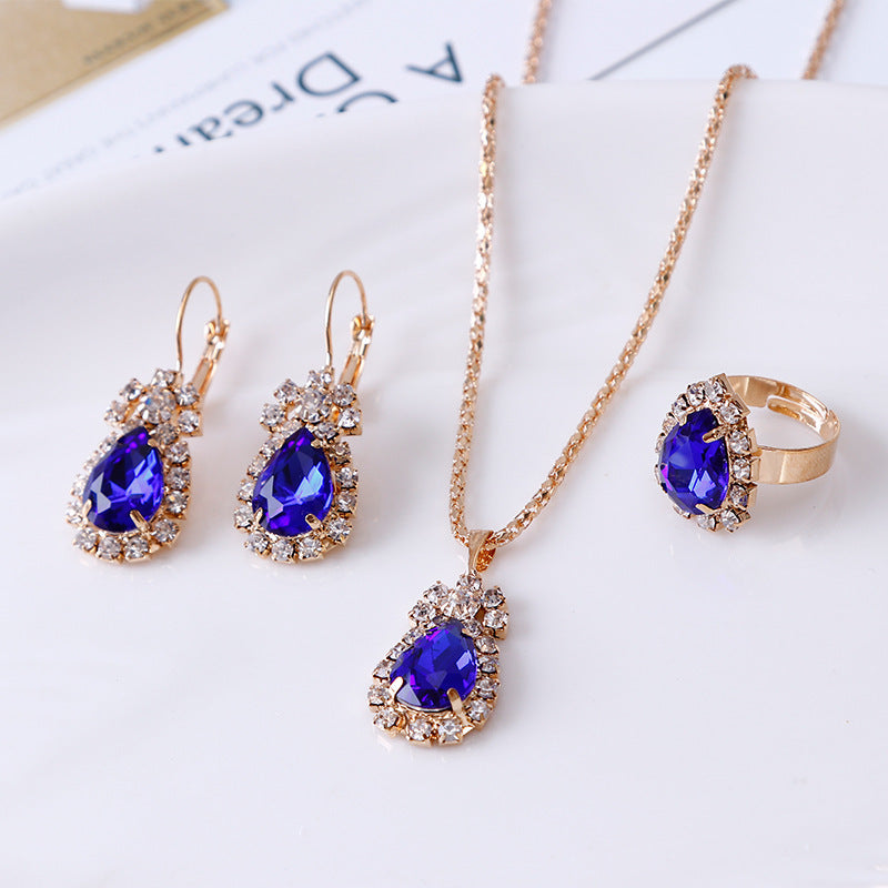 Water drop rhinestone necklace earrings ring set My Store