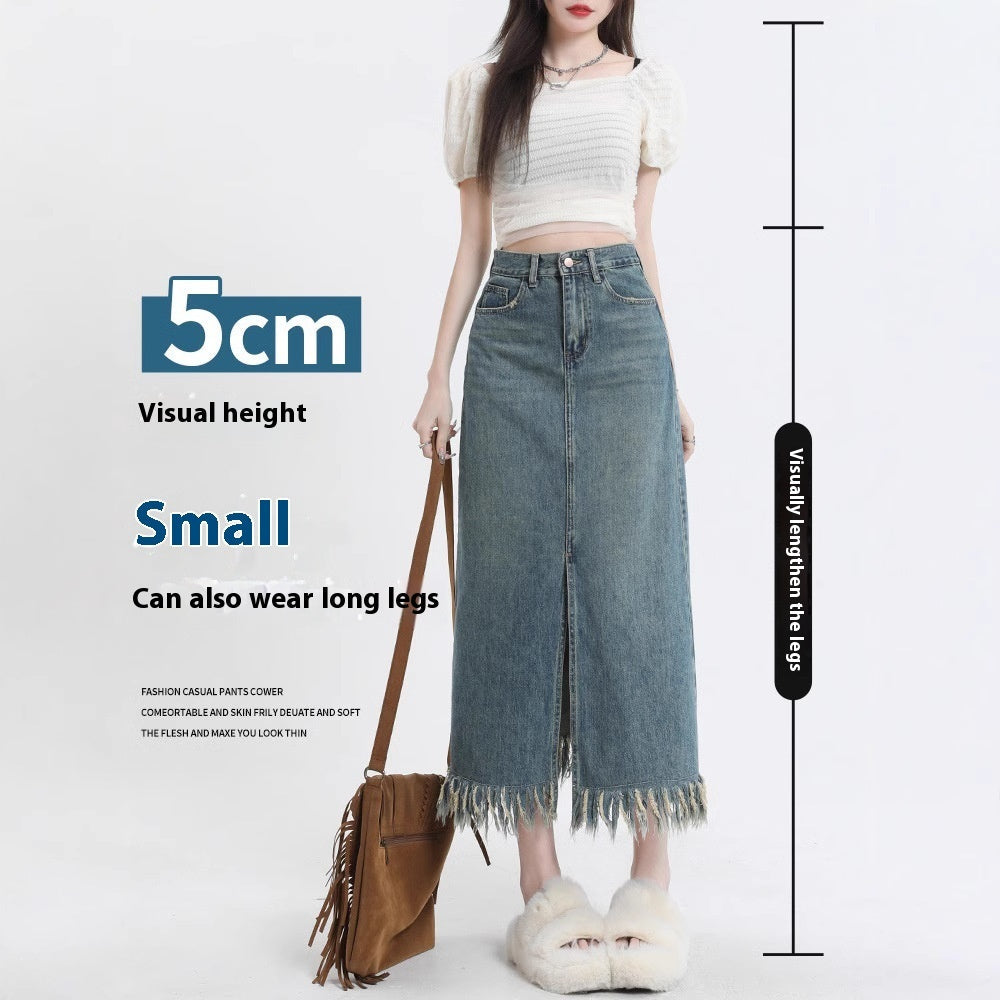 Retro Slit Denim Skirt Women's Tassel Mid-length Hip Skirt My Store