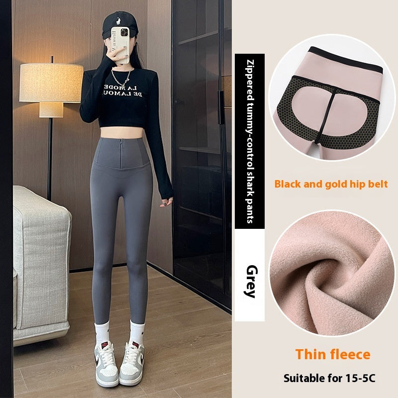 Belly-controlling Butt Lifting Leggings With Three-breasted Design Winter High Waist Slim Zippere Pants Warm Velvet And Thickened Trousers Women Clothing My Store