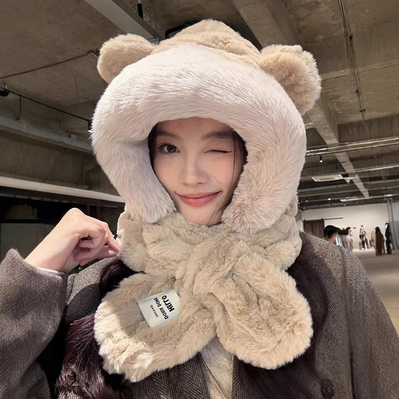 Hat Scarf One Female Student Cute Warm Winter Plush Pullover Ear Protection My Store