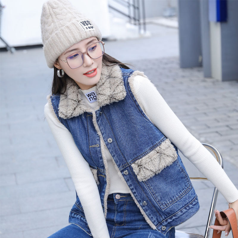 Women's Casual Plaid Plush Denim Cotton Vest My Store