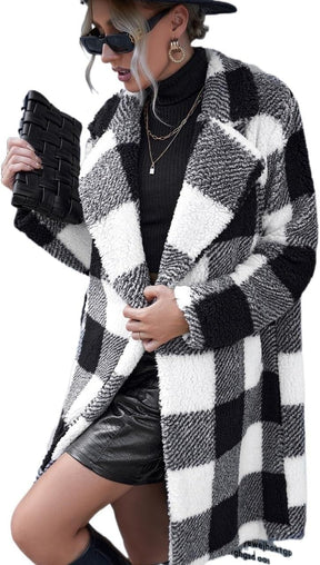 Women's Lapel Long Sleeve Non-buckle Plaid Long Coat My Store