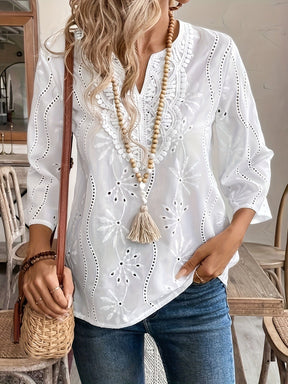 Loose V-neck Temperament Commute Embroidered Bell Sleeve Lace Top My Store