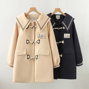 Labeling Chest Embroidered Bear Wooden Buckle Mid-length Warm Coat My Store