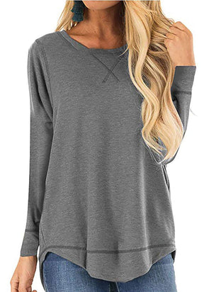 Women's Round Neck Long-sleeve T-shirt Solid Color Loose Top My Store