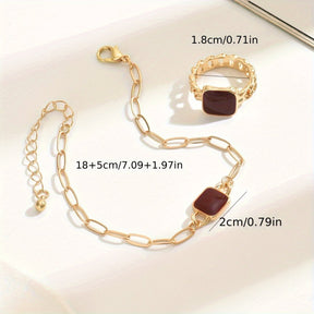 14K Gold Plated Square Agate Bracelet And  Ring Set - Luxe & Timeless Jewelry My Store