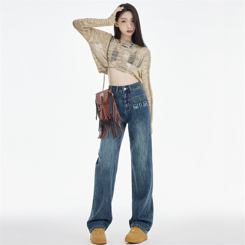 Women's Straight Jeans Dark Blue Embroidered Letters My Store