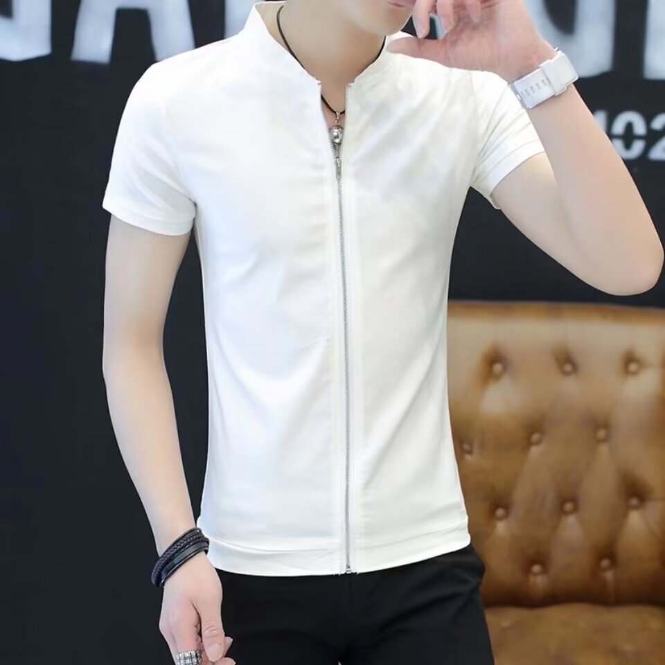 Men's Short Sleeve Stand Collar Shirt Teenagers Slim-fit Cardigan My Store