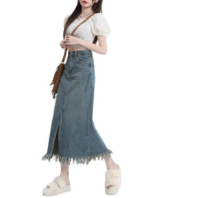 Retro Slit Denim Skirt Women's Tassel Mid-length Hip Skirt My Store