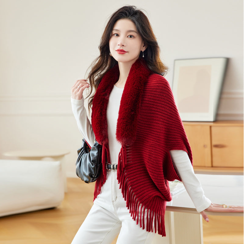 Women's Loose Tassel Fashion Shawl Jacket With Fur Collar My Store