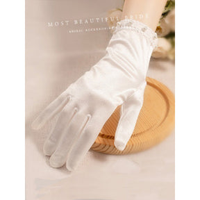 White Satin Short Gloves Lace Pearl Accessories My Store