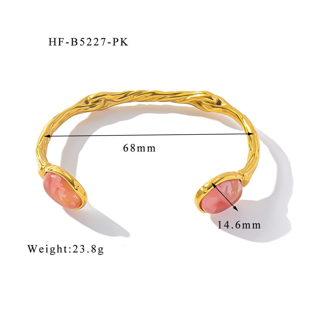 Retro Titanium Steel Plated 18K Bilateral Oval Color Natural Stone Open Irregular Adjustable Bracelet My Store