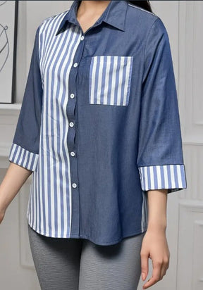 Stripe Print Button Front Blouse, Casual Sleeve Pocket Top For Spring & Summer, Women's Clothing My Store