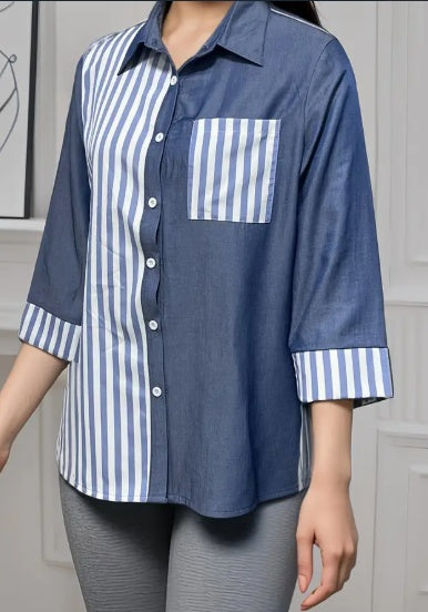 Stripe Print Button Front Blouse, Casual Sleeve Pocket Top For Spring & Summer, Women's Clothing My Store