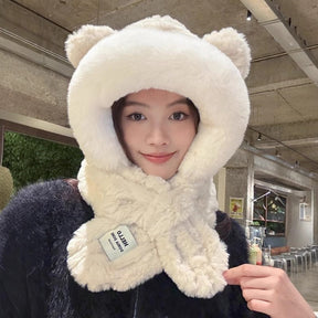 Hat Scarf One Female Student Cute Warm Winter Plush Pullover Ear Protection My Store