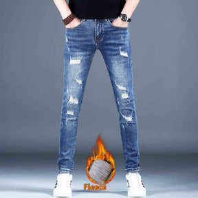 Ripped Fleece Padded Jeans Men's Stretch Casual Slim-fit Pants My Store