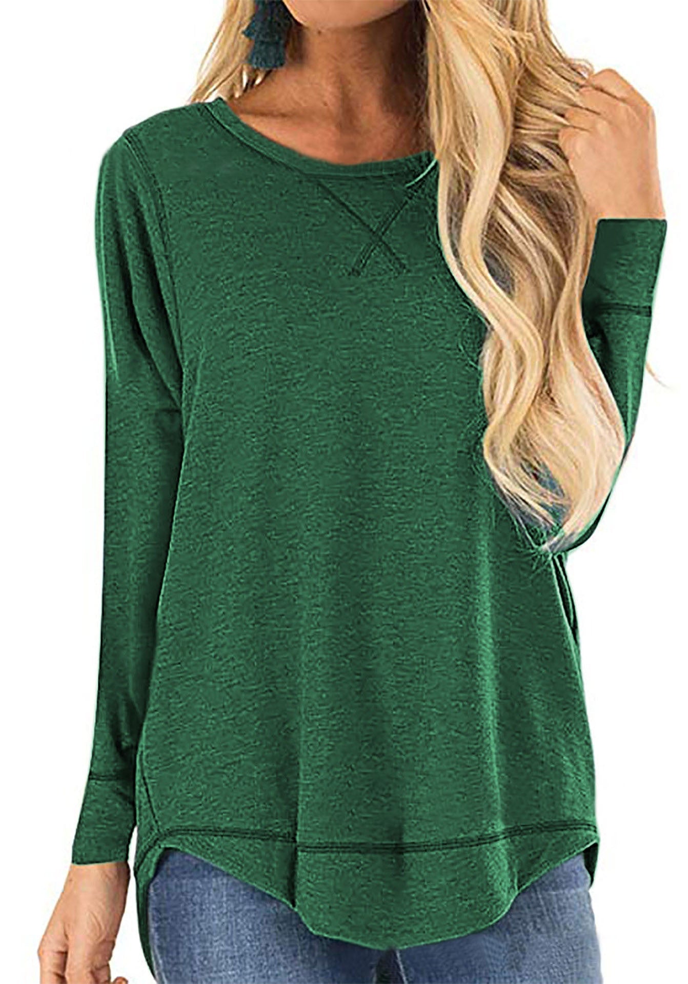 Women's Round Neck Long-sleeve T-shirt Solid Color Loose Top My Store