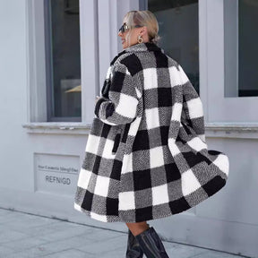 Women's Lapel Long Sleeve Non-buckle Plaid Long Coat My Store