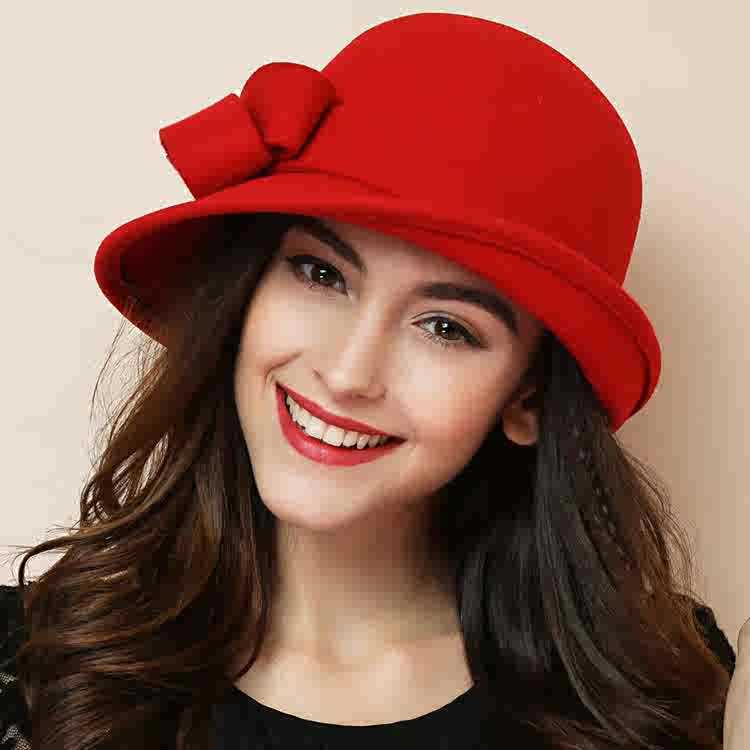 Women's French-style Elegant Retro Woolen Bowler Hat Curling Bow My Store