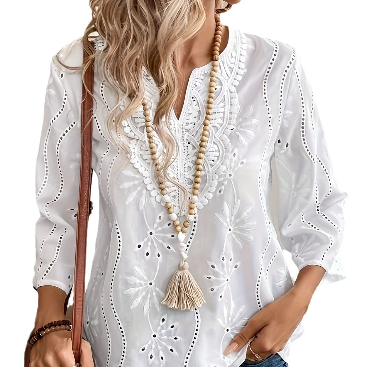 Loose V-neck Temperament Commute Embroidered Bell Sleeve Lace Top My Store