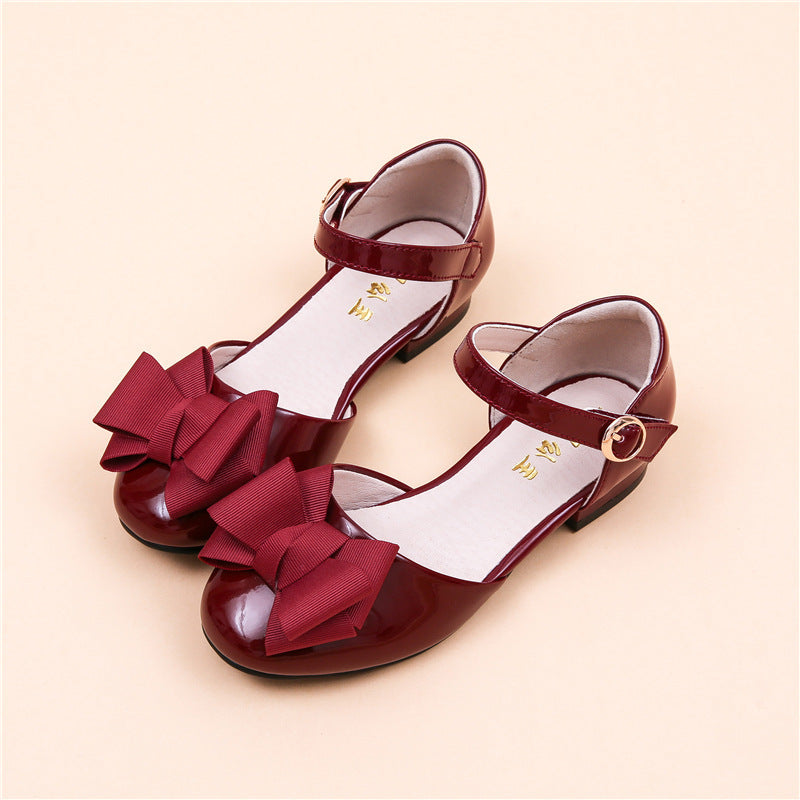 Big Kids' Hollow Velcro Patent Leather Shoes With Bow My Store