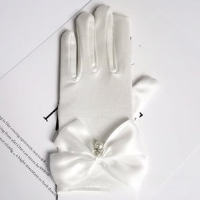 Wedding Gloves Satin Bow Elastic Dangling Beads Princess Style My Store