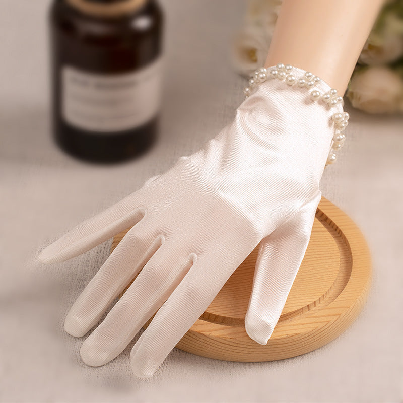 White Satin Short Gloves Lace Pearl Accessories My Store