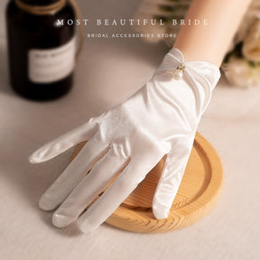 French Hepburn Style Short Pearl Satin Bridal Gloves My Store