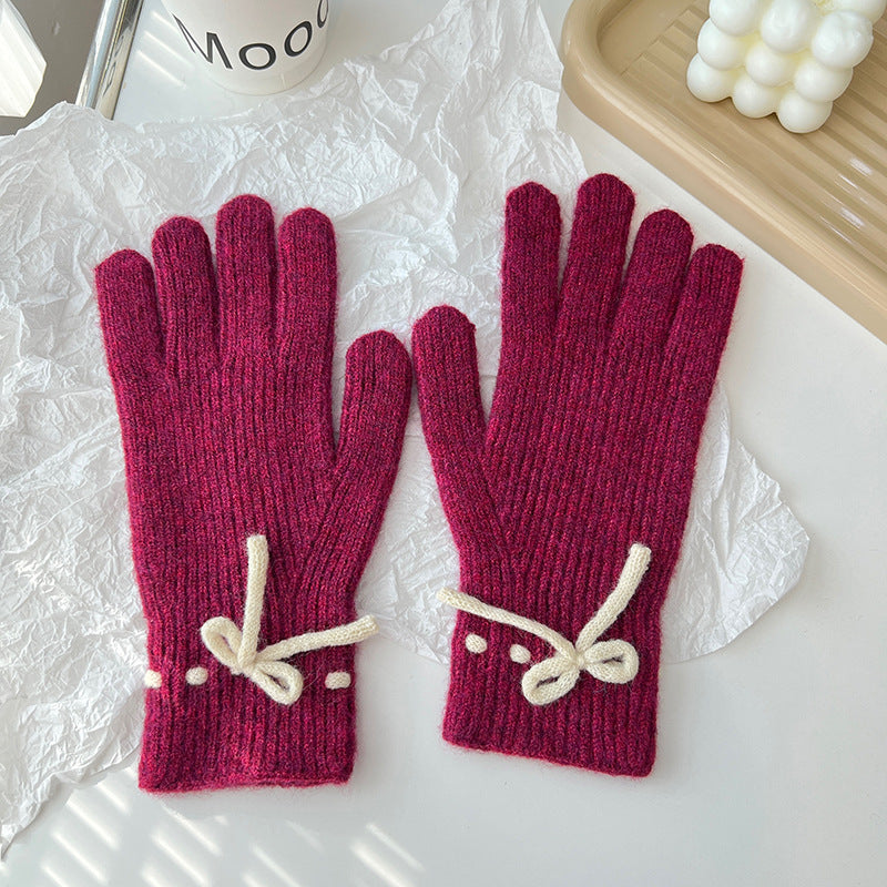 Autumn And Winter New Bow Pure Color Warm Keeping Finger Gloves My Store