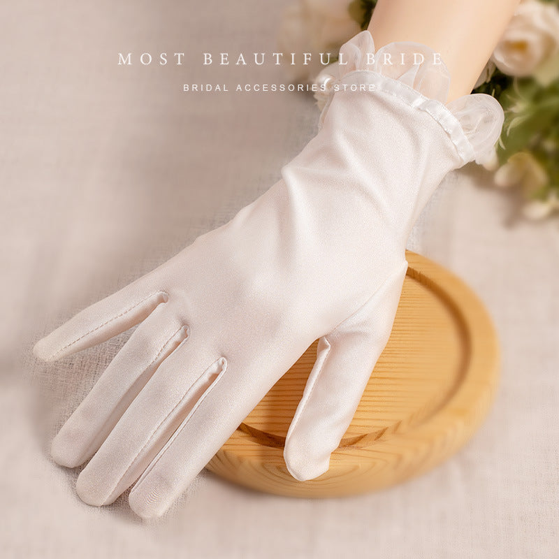 White Satin Short Gloves Lace Pearl Accessories My Store