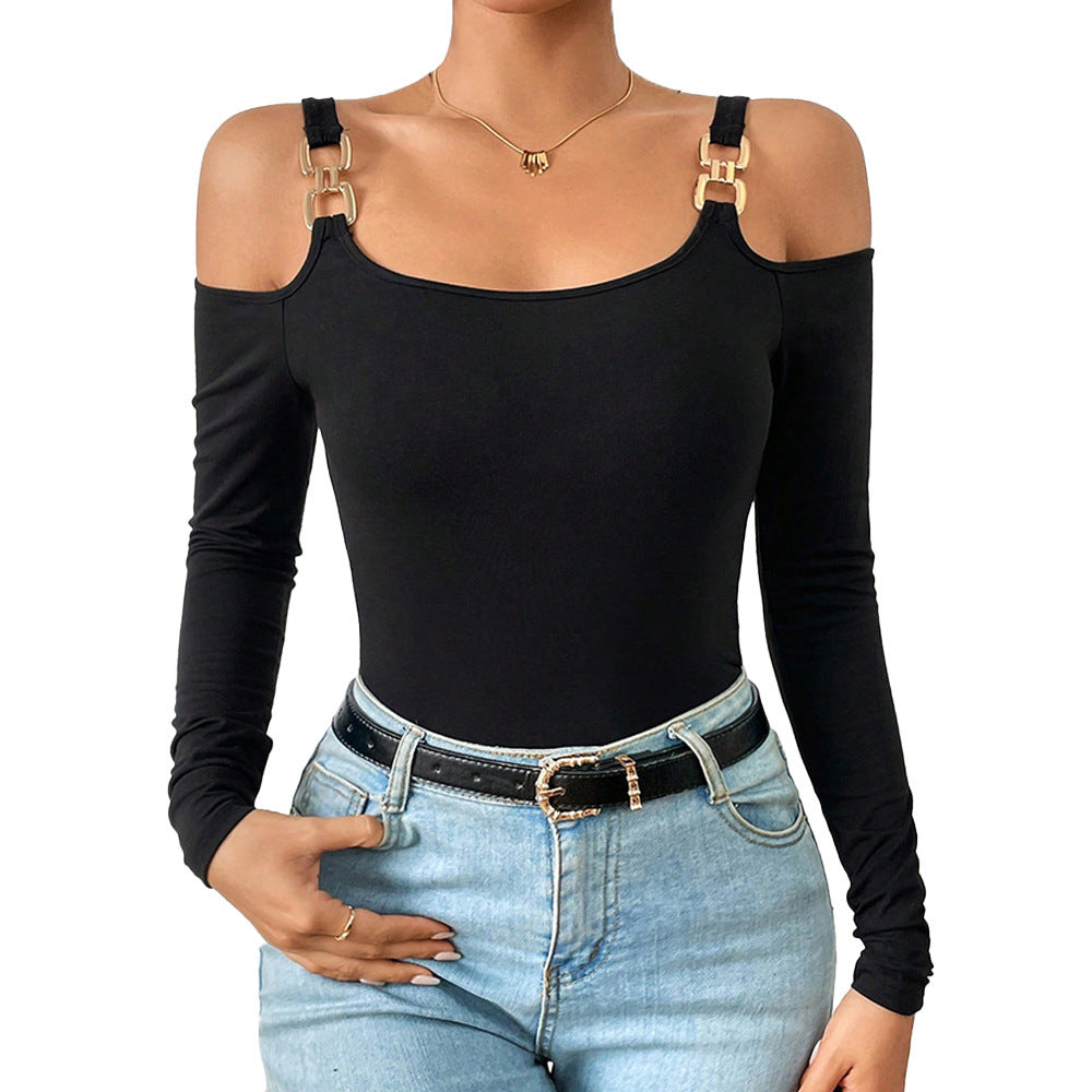 Women's Spring And Summer Fashion Simple Suspender Off-Shoulder Metal Hook Long-Sleeved Sexy Top My Store