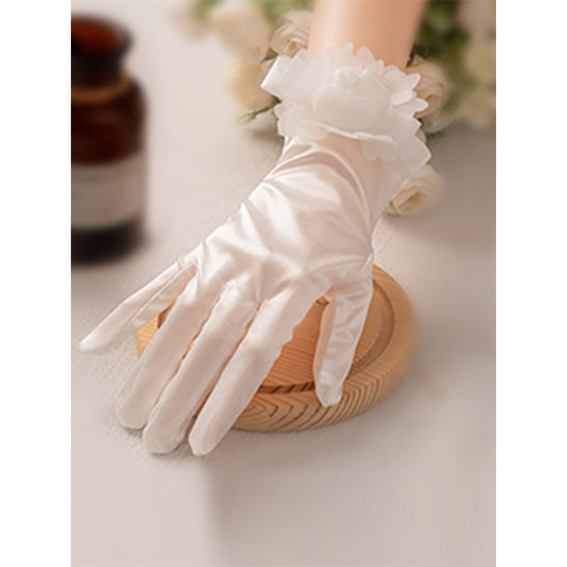 White Satin Short Gloves Lace Pearl Accessories My Store