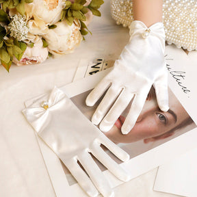 French Hepburn Style Short Pearl Satin Bridal Gloves My Store