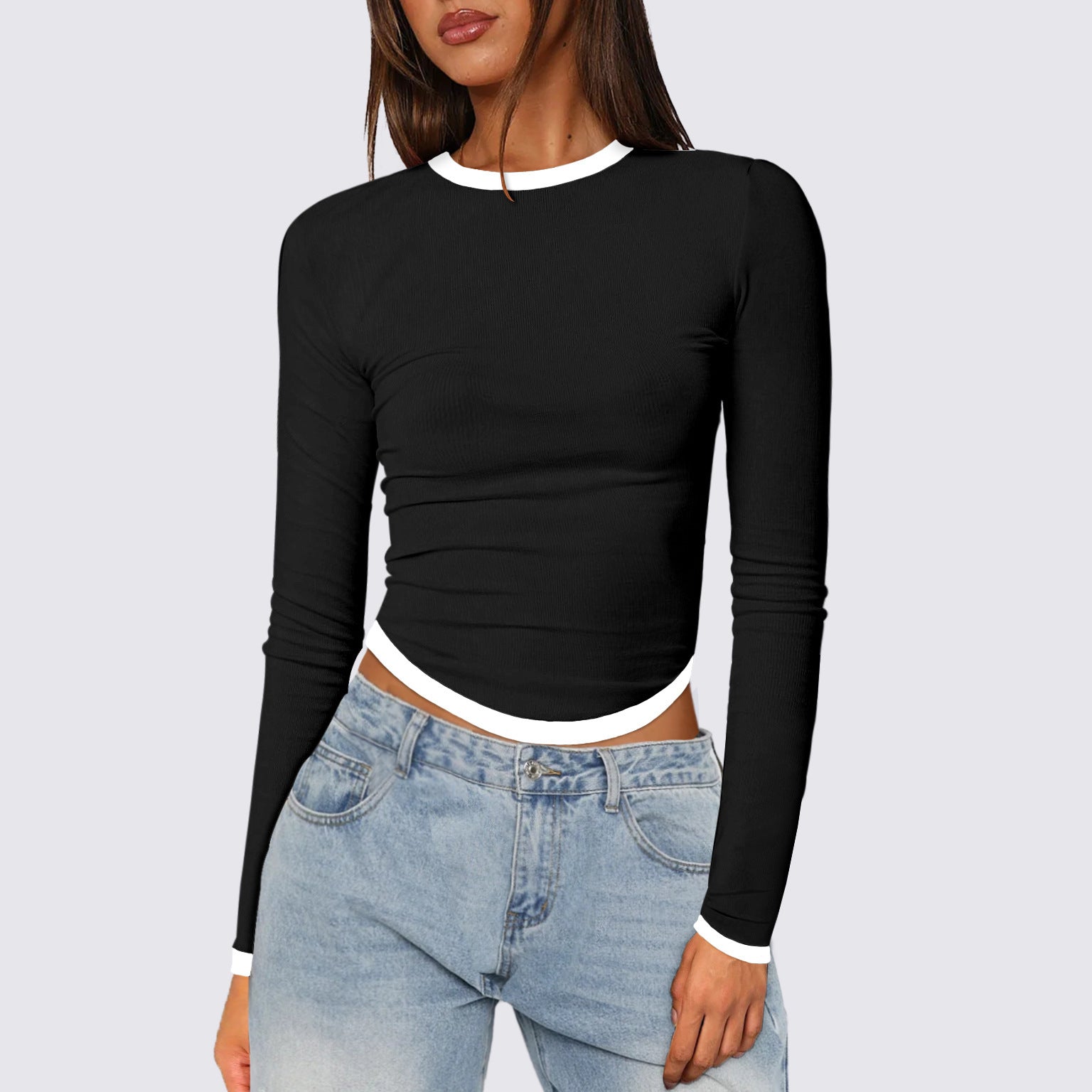 Women's Long-sleeved Round Neck Slim-fit Contrast Colors Short Pullover Top My Store