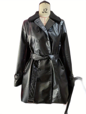 British Women's Fur Collar Leather Coat Mid-length My Store