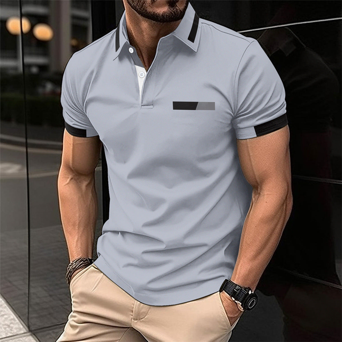 Men's Casual Polo Shirt Chest Faux Pocket Lapel Button Business T-shirt My Store