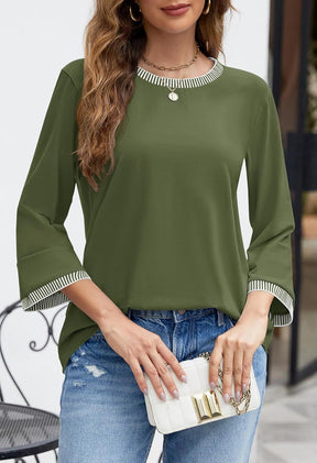 Women's Contrast Color Thread Round Neck Top Solid Color My Store