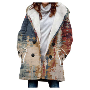 Women's Windbreaker Winter Thickened Imitation Lamb Stitching Floral Hooded My Store