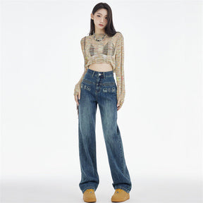 Women's Straight Jeans Dark Blue Embroidered Letters My Store