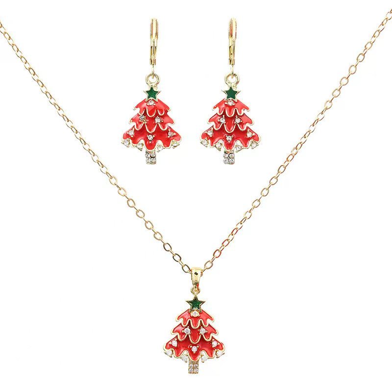 Christmas Tree Enamel And Rhinestone  Jewelry Set - Festive Necklace And Earrings My Store