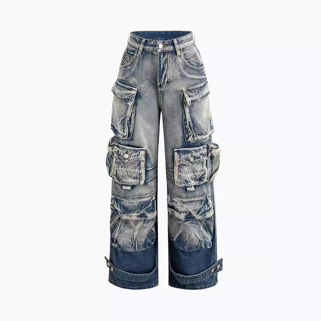 American Street Trendy Mixed Color Distressed Multi-pocket Workwear Jeans My Store