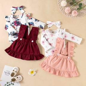 Printed Long-sleeved Baby Girl Romper Two-color Strap Ruffled Dress Headdress Three Pieces My Store