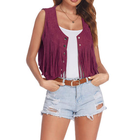 Vest Women's Suede Short Tassel Cardigan Sleeveless Retro My Store