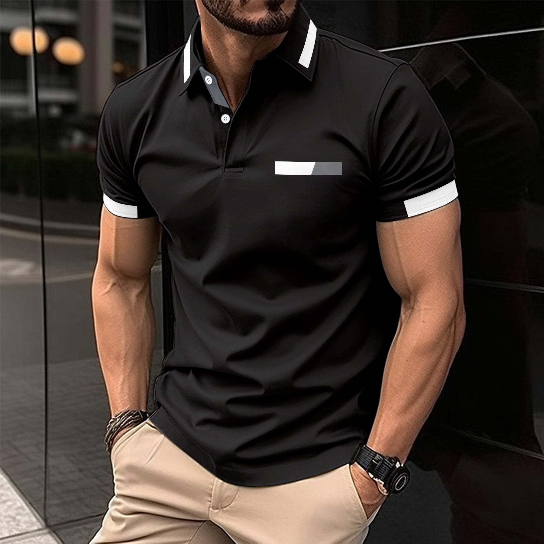 Men's Casual Polo Shirt Chest Faux Pocket Lapel Button Business T-shirt My Store