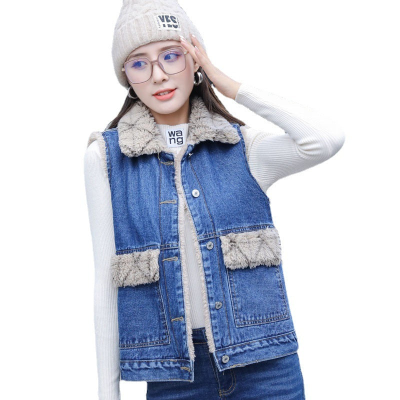 Women's Casual Plaid Plush Denim Cotton Vest My Store