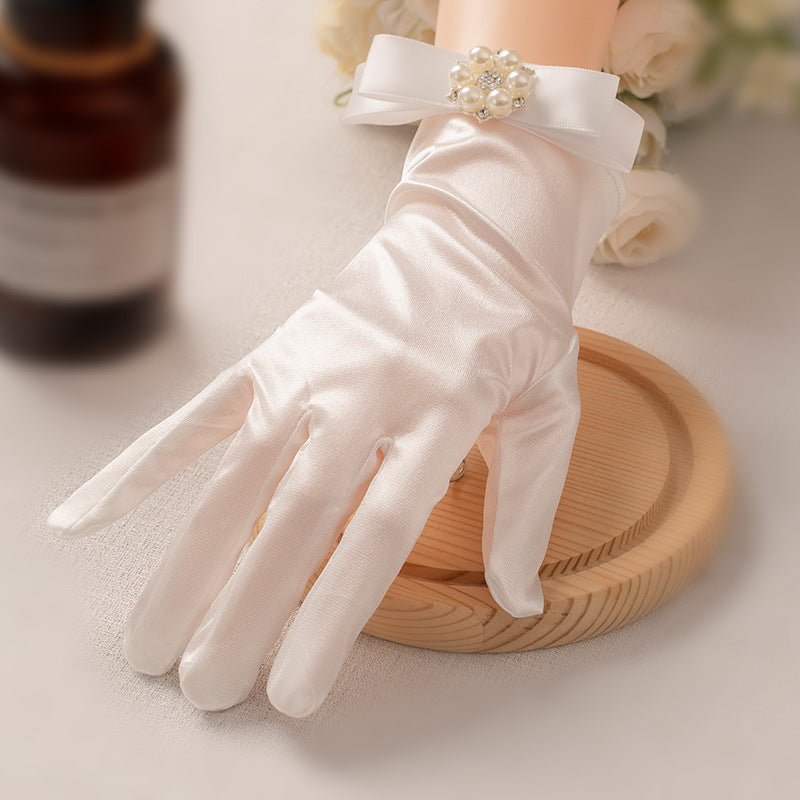 White Satin Short Gloves Lace Pearl Accessories My Store